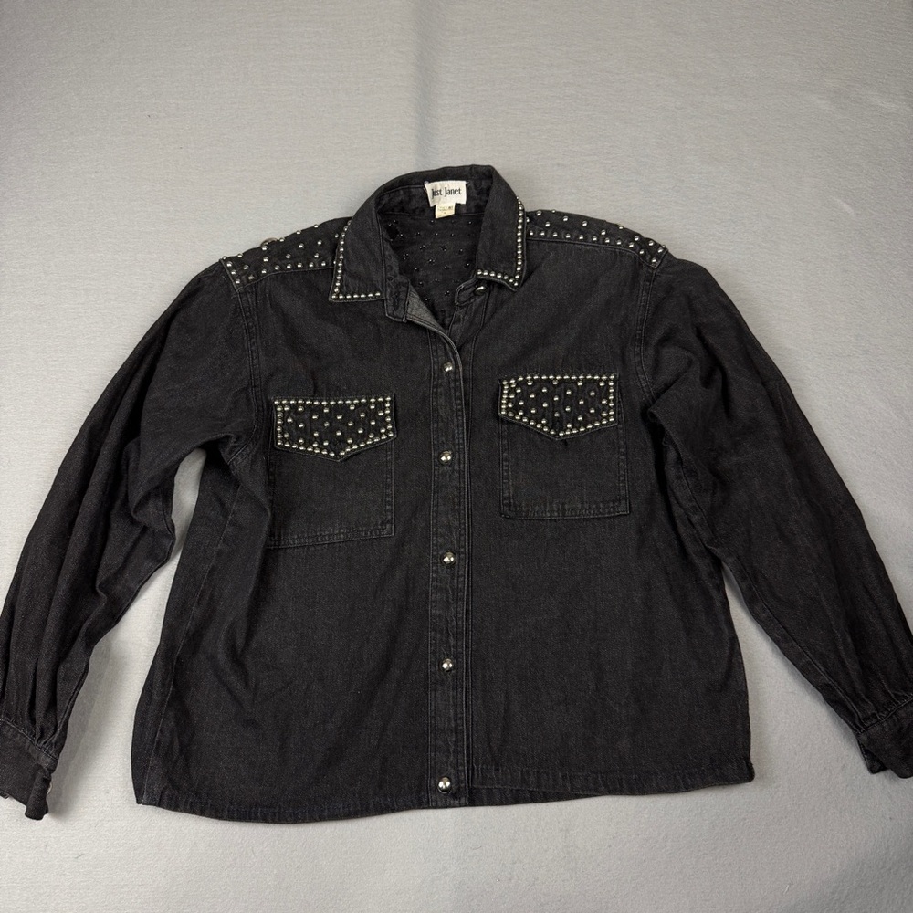 Vintage 90s Just Janet Womens Small Black Denim Western Shirt Studded